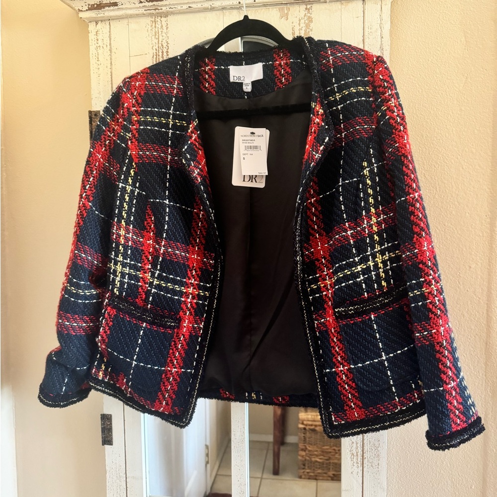 NWT open front boucle plaid jacket